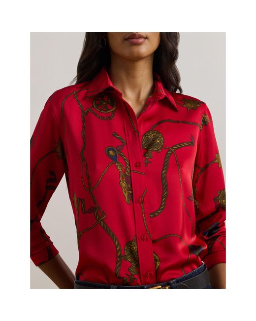Ralph Lauren Red Classic Fit Print Charmeuse Shirt