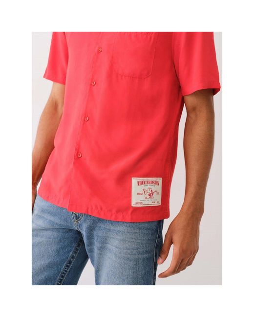 True Religion Red Camp Collar Short-Sleeve Plain Shirt for men