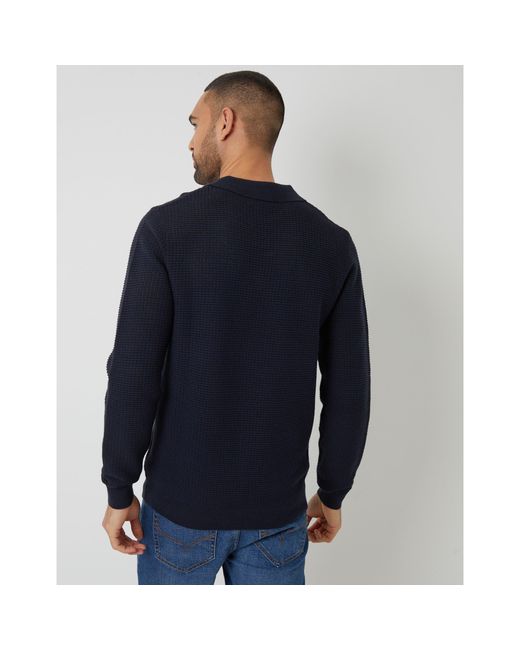 Threadbare Blue Brockholes Long Sleeve Knitted Polo Shirt for men