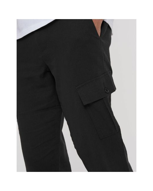 Threadbare Black Linen Cargo Trousers for men