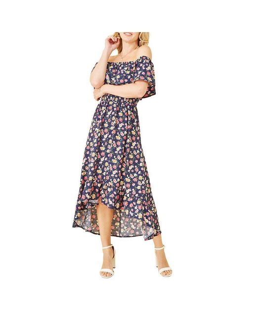 Mela London Blue Bardot Floral High Low Maxi Dress