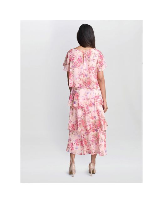 Gina Bacconi Pink Essie Midi Length Printed Tier Dress