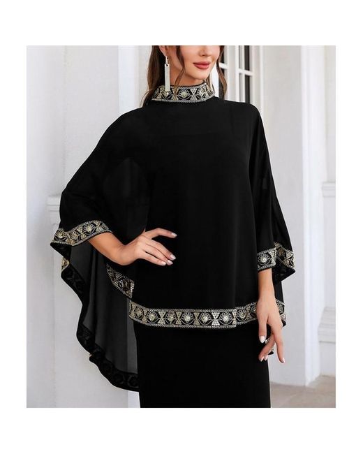 Shorso Black Embroidery Mock Neck Poncho Cover Up