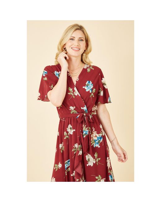 Mela London Red Floral Dip Hem Wrap Midi Dress