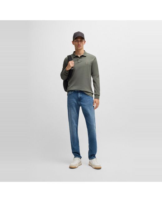 Boss Gray Passerby Premium Cotton Long Sleeve Polo Shirt With Logo Detail for men