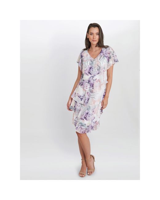 Gina Bacconi White Chloe Floral Print Tiered Dress