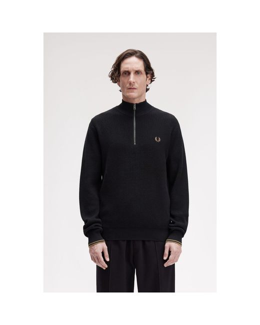 Fred Perry Black Waffle Stitch Half Zip Jumper for men