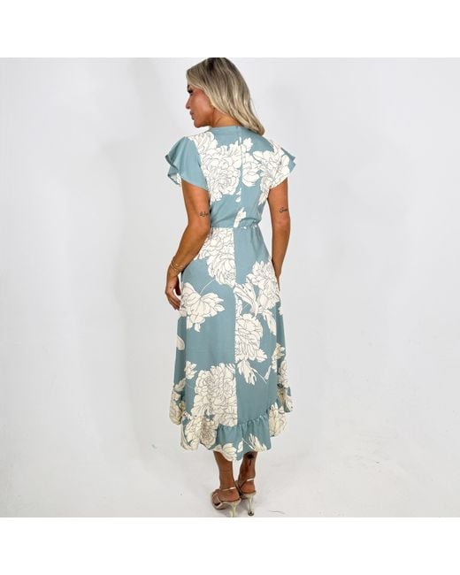 AX Paris Blue And Cream Floral Print Frill Hem Wrap Midi Dress