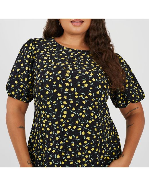 Brave Soul Black Plus Size Puffy Sleeve Floral Midi Dress With Puff Sleeves