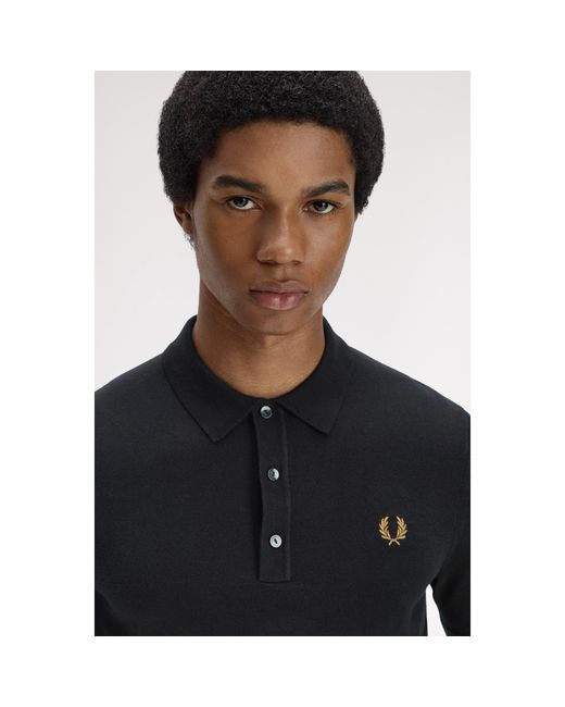 Fred Perry Black Knitted Short Sleeve Polo Shirt for men