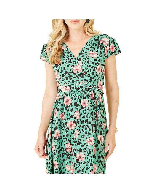 Mela London Green Animal Print Dipped Hem Wrap Dress