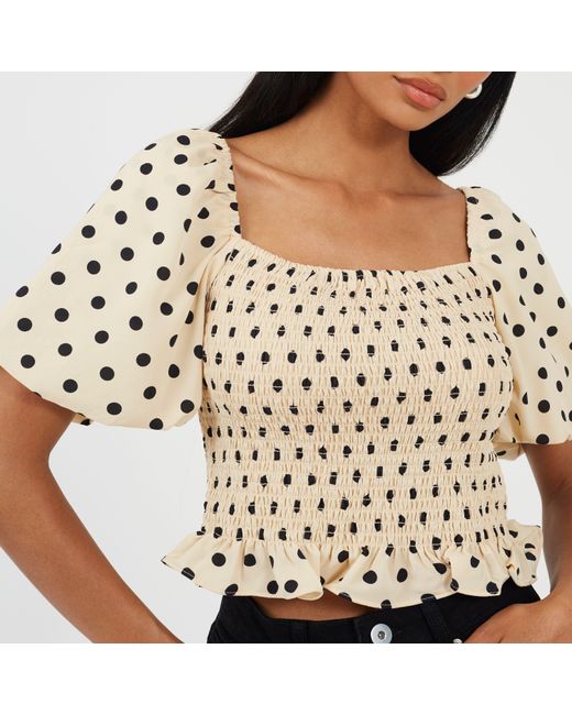 Brave Soul Natural Puff Sleeve Shirred Bust Polka Dot Top