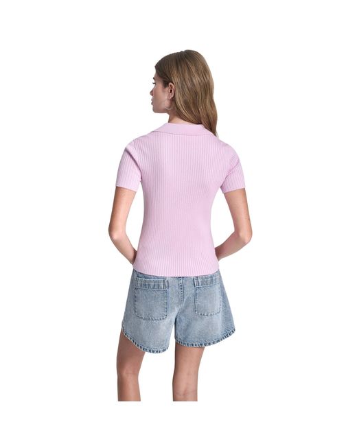 DKNY Purple Jeans Short Sleeve Rib Polo W/ Logo Rhinestone Buttons