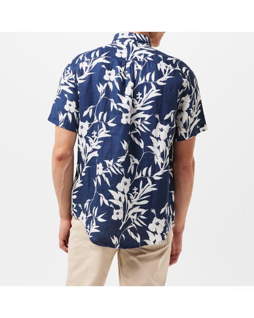 Tommy Hilfiger Blue Linen Tropical Print Short-Sleeve Patterned Shirt for men