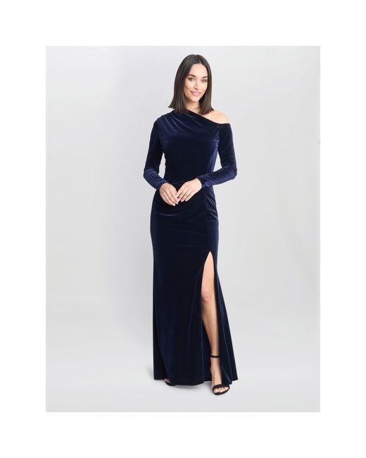 Gina Bacconi Blue Tess Velvet Off Shoulder Dress