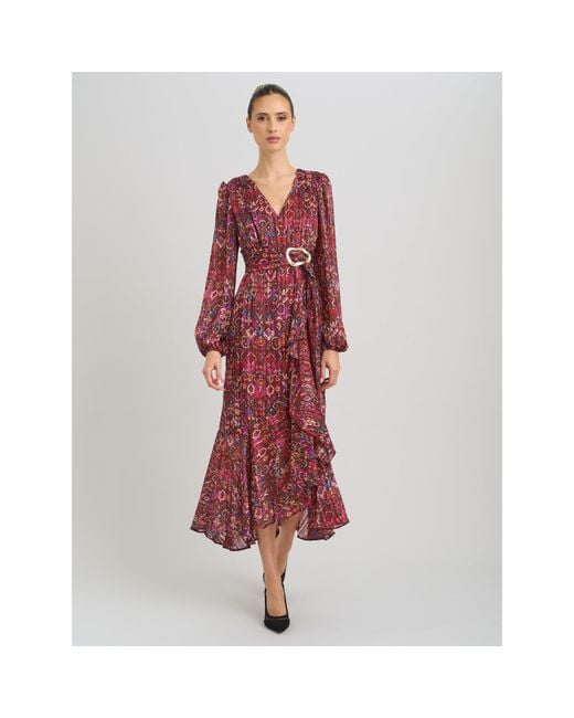 Gina Bacconi Red Sharron Printed Wrap Midi Dress