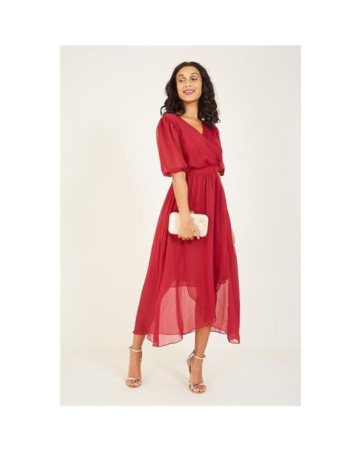 Yumi' Red Burgundy Sheer Wrap Midi Dress