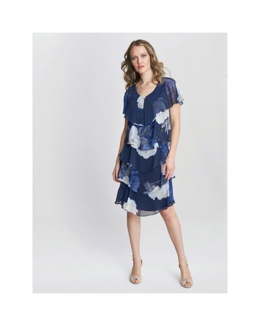 Gina Bacconi Blue Benita Printed V Neck Tiered Dress