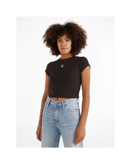 Calvin Klein Blue Mono Rib Cropped T Shirt