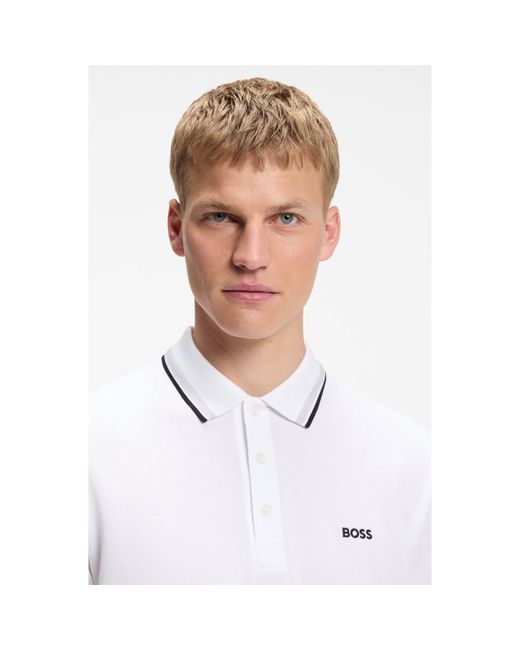 Boss White Paddy Polo Shirt With Contrast Tipping for men