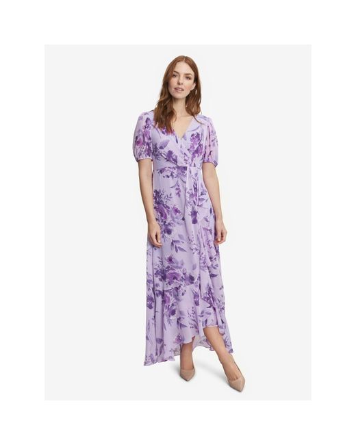 Gina Bacconi Purple Elda Long Printed Short Sleeve Dress