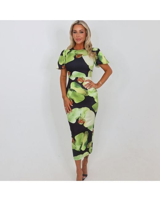 AX Paris Green And Floral Print Puff Sleeve Midi Dress