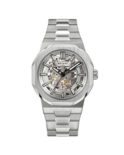 Rotary Metallic Regent Skeleton Automatic Ss Watch for men