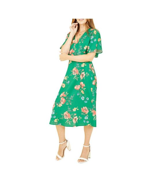 Yumi' Green Floral Kimono Midi Wrap Dress