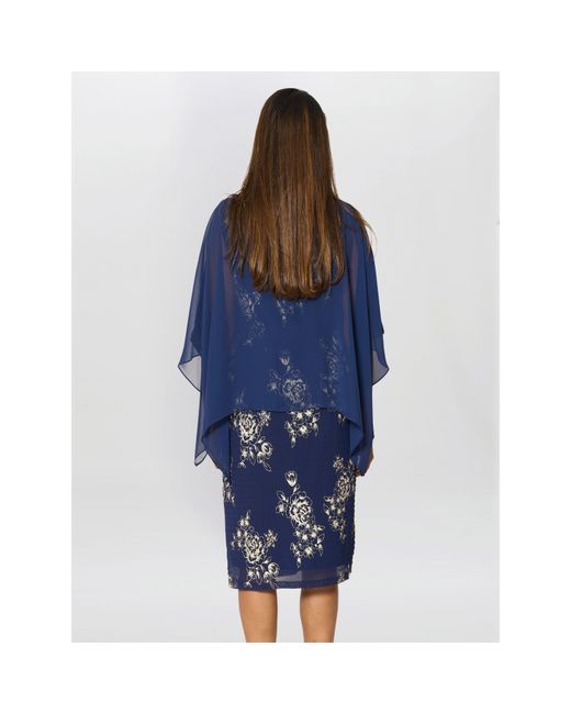 Gina Bacconi Blue Anne Foil Dress With Chiffon Cape