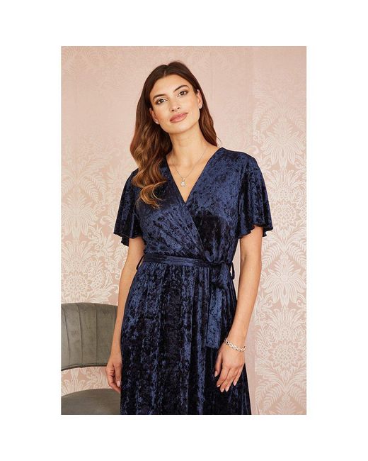 Yumi' Blue Velvet Wrap Over Midi Dress