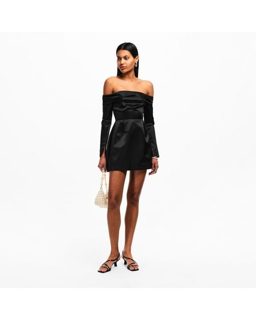 Odd Muse Black Satin Bardot Mini Dress