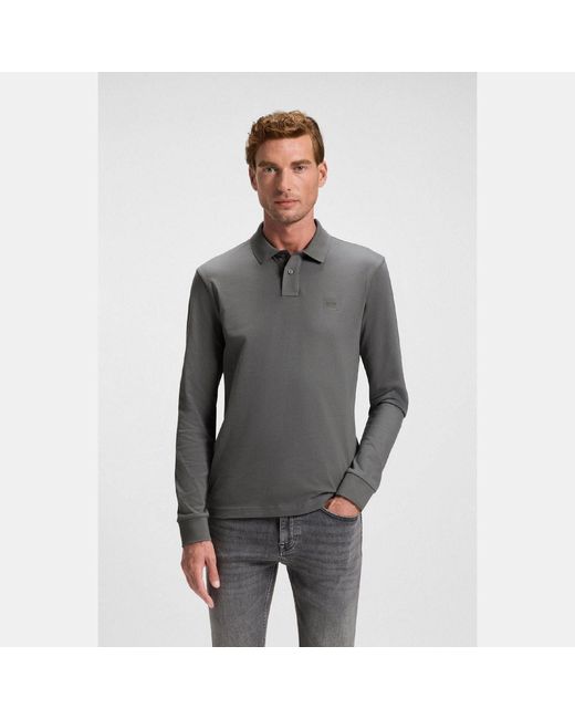 Boss Gray Passerby Slim Fit Long Sleeve Polo Shirt for men