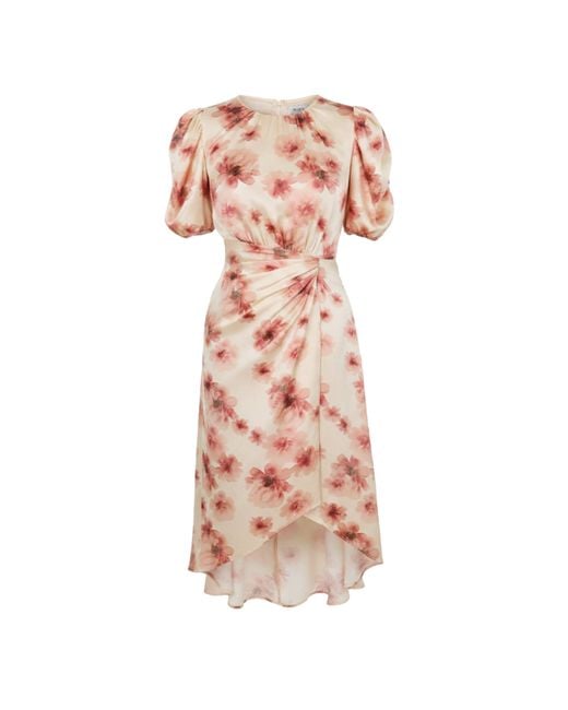 AX Paris Orange Floral Print Puff Sleeve Gathered Side Midi Dress