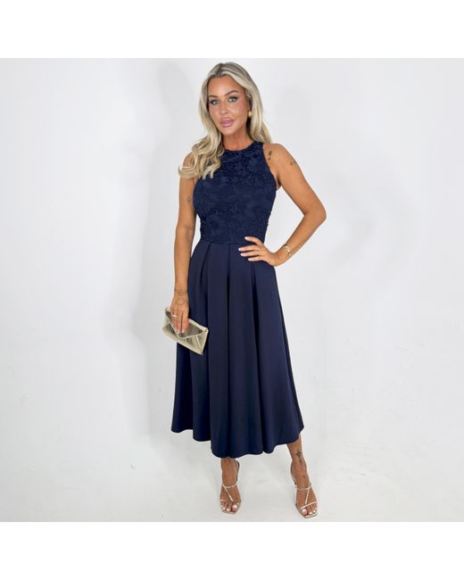 AX Paris Blue Embroidered Top Overlay A-Line Skirt Midi Dress