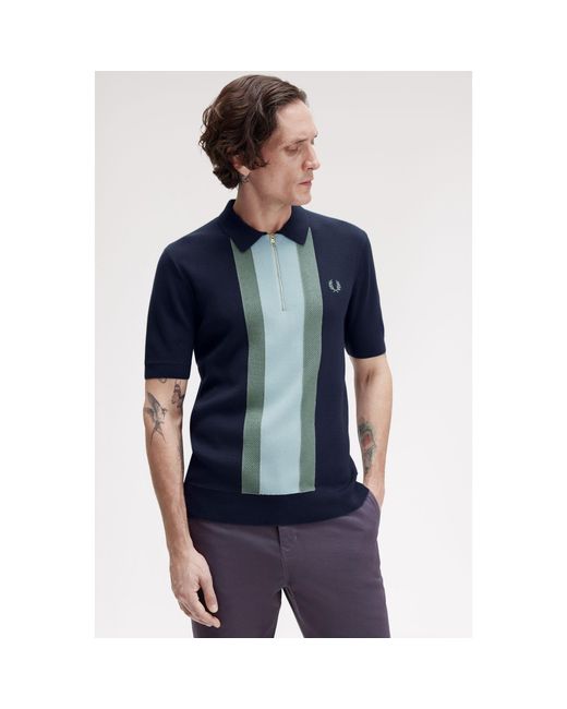 Fred Perry Blue Vertical Stripe Zipped Short-Sleeve Polo Shirt for men
