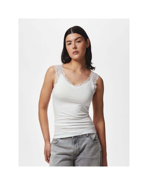 Pieces White Barbera Lace V-Neck Sleeveless Slim-Fit Tank Top