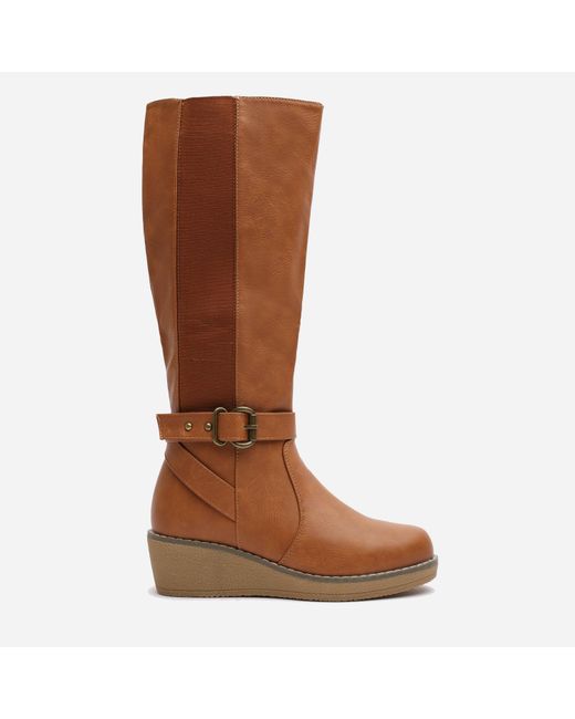 Where's That From Brown Wheres Knee High Wedge Boots With Strap And Buckle