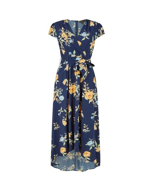 Mela London Blue Floral Print Dipped Hem Wrap Dress