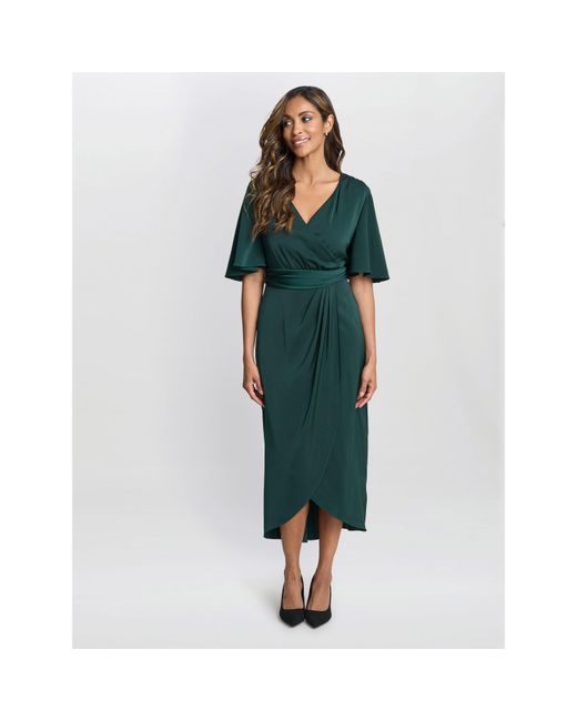 Gina Bacconi Green Misha V-Neck Midi Wrap Dress