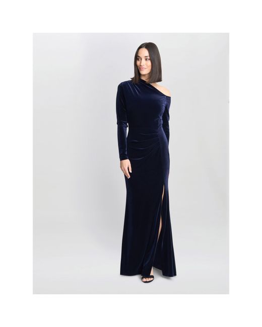 Gina Bacconi Blue Tess Velvet Off Shoulder Dress