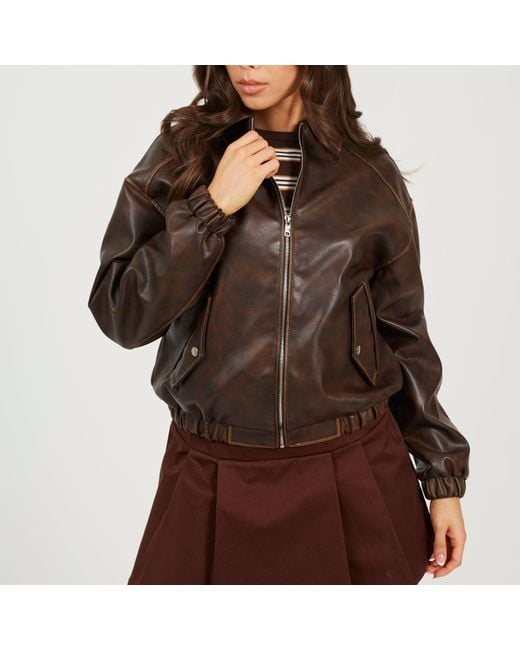 Brave Soul Brown Bs Vintage Finish Faux Leather Bomber With Collar