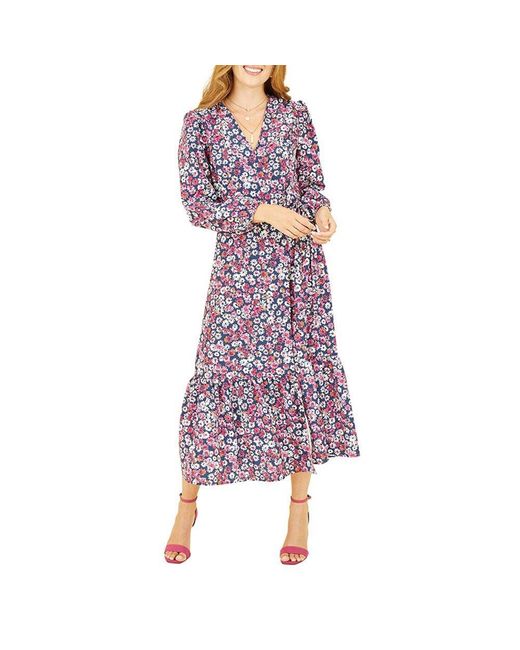 Yumi' Purple Daisy Print Midi Wrap Dress