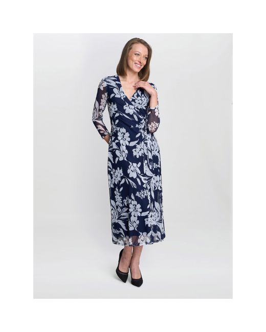Gina Bacconi Blue Jan Floral Chiffon Wrap Midi Dress