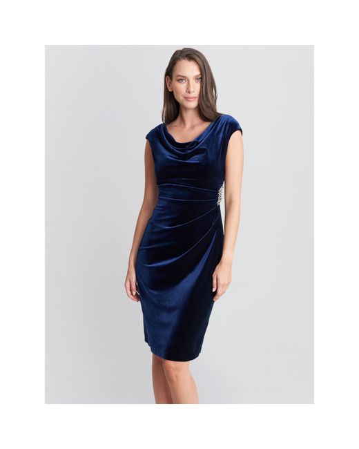 Gina Bacconi Blue Jeanie Velvet Cowl Neck Dress