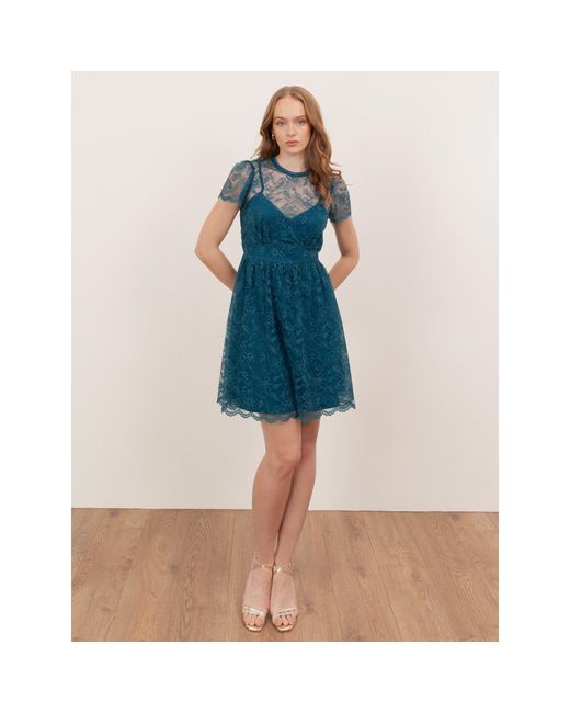 Lovedrobe Blue Floral Lace Short Sleeve Mini Dress