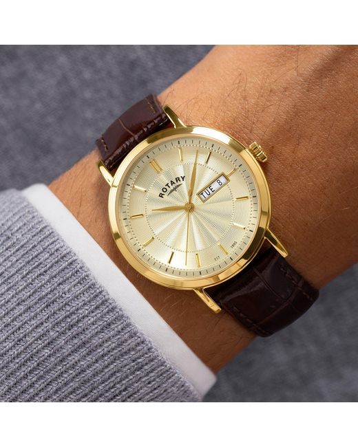 Rotary Metallic Heritage Ss Leather Strap Watch for men