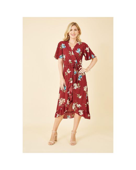 Mela London Red Floral Dip Hem Wrap Midi Dress