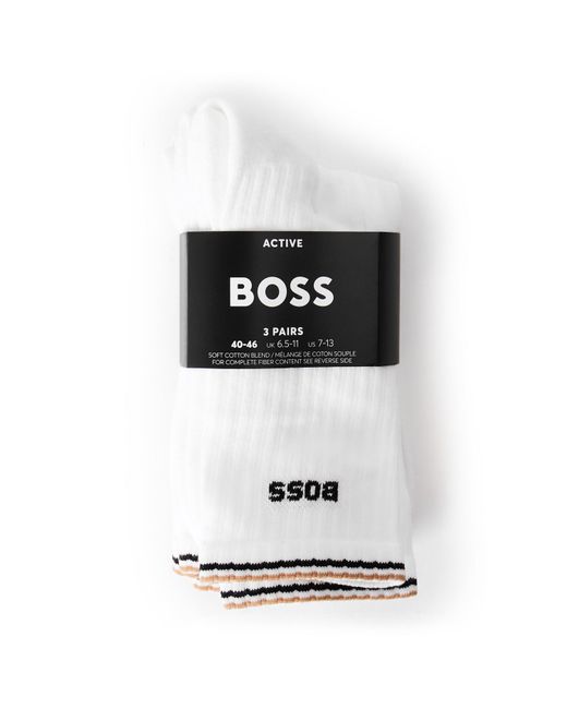 Boss White Rib Stripe Quarter Socks for men