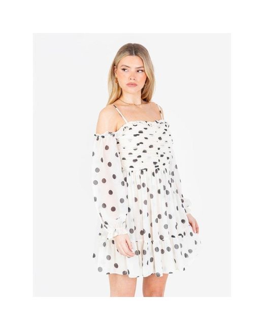 Anaya with love White Recycled Polka-Dot Bardot Maxi Sleeve Mini Dress