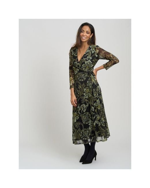 Gina Bacconi Green Chestina Print Mesh Wrap Midi Dress
